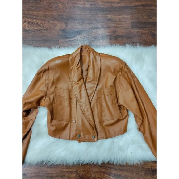 Santa Caterina Leather Long Sleeve Shawl Cropped Biker Jacket Tan Women's Size M - Picture 7 of 11